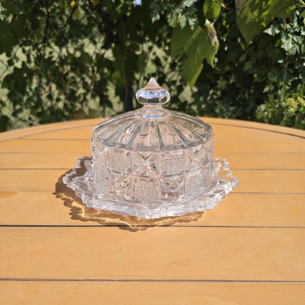 Antique EAPG Westmoreland Old Quilt Clear Glass Cheese/Butter Dish with Lid